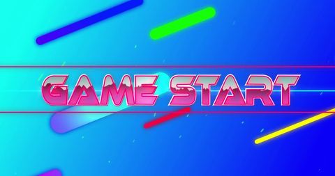 Retro game start screen with neon text and abstract design