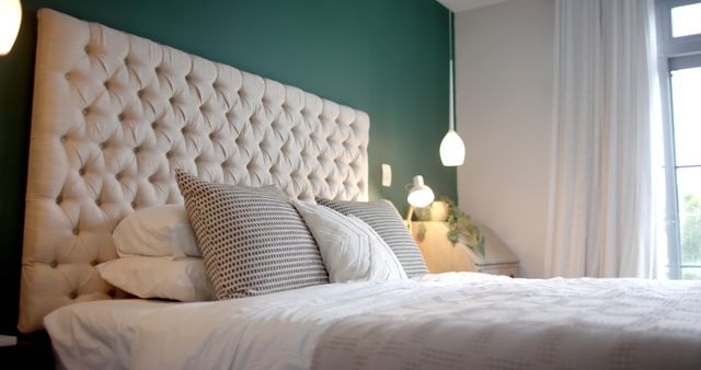 Modern Bedroom with Tufted Headboard and Cozy Bedding - Download Free Stock Images Pikwizard.com