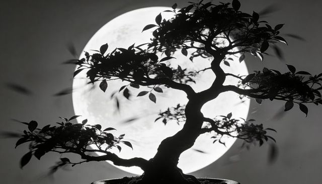 Twisted bonsai silhouette against full moon minimalist monochrome lunar night composition