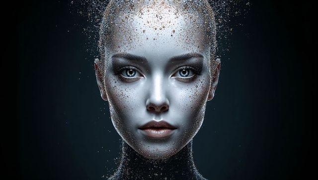 Futuristic female cyborg portrait displaying metallic skin and liquid droplets for chrome beauty