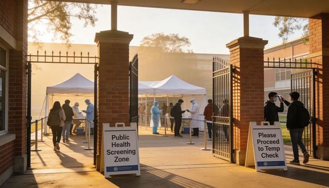 Morning public health screening at campus gate with temperature checks and ppe staff
