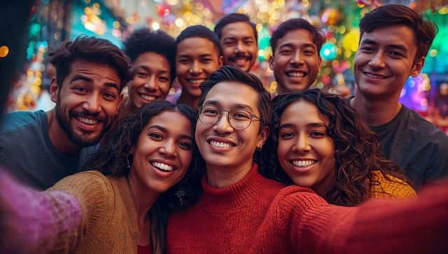 Diverse Friends Enjoying Night Festival with Colorful Lights