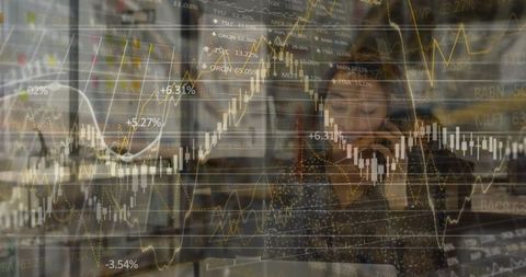 Businesswoman Analyzing Data Amid Floating Stock Market Charts