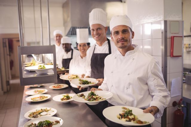 Chefs in a commercial kitchen presenting beautifully plated dishes. Ideal for use in content related to culinary arts, restaurant promotions, team collaboration in kitchens, and hospitality industry marketing materials.