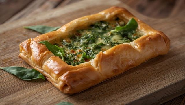 Rustic spinach and melted cheese puff pastry tart resting on wooden board with golden glossy edges
