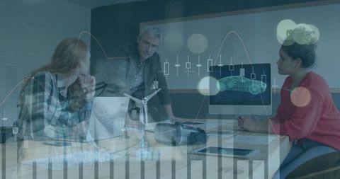 Business Meeting with Technology and Financial Data Overlay