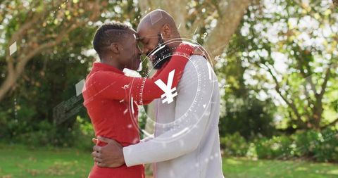 Couple embracing in sunlit garden with futuristic digital currency overlay featuring yen