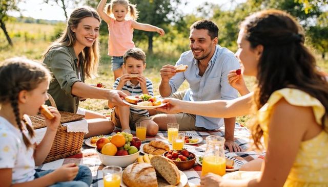 Family enjoying picnic in sunlit meadow sharing fresh fruit bread and orange juice
