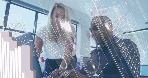 Professionals collaborating and analyzing digital analytics dashboards with AR HUD overlays