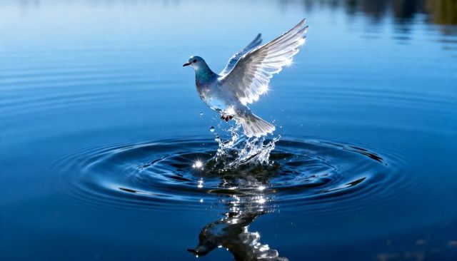 Backlit white gull taking off over calm blue lake creating splash, reflection, sun glints
