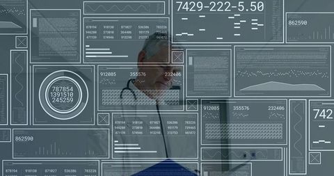 Senior physician analyzing digital health dashboards on tablet with analytics overlay