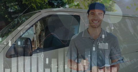 Delivery man with data overlay, technology concept