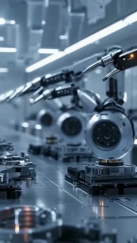 Robotic Arms Welding on Precision Assembly Line Vertical Industrial Automation Video