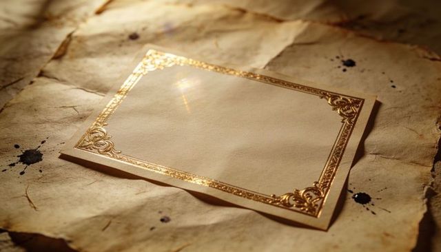 Blank ornate gold-edged certificate on aged parchment with ink splatters and vellum texture