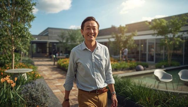 Smiling professional walking through landscaped courtyard with reflecting pool and outdoor seating