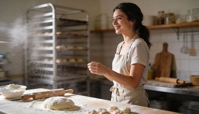 Smiling female baker sprinkling flour over dough on rustic counter in artisan bakery