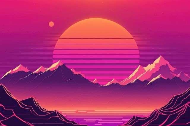 Vaporwave landscape with mountains and sun, created using generative ai technology. Vaporwave background and colour concept digitally generated image.