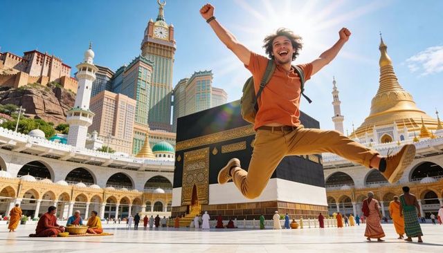 Joyful backpacker jumping before kaaba during pilgrimage with golden dome and clock tower