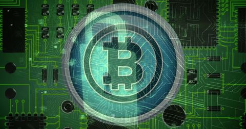 Silver bitcoin logo overlaying circuit board with digital elements
