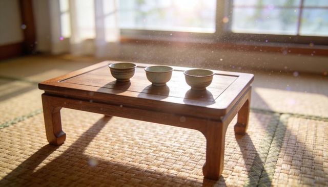 Sunlight casting on tatami low table with three ceramic tea bowls and dust motes