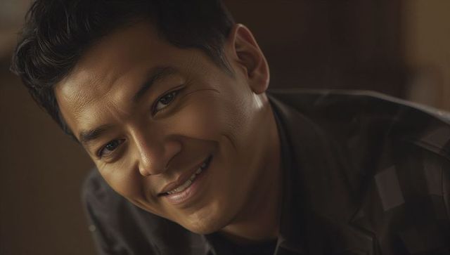 Smiling asian man leaning forward in dimly lit room conveying warmth and intimacy