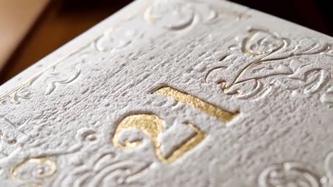 Tilting reveal of embossed white card with gold foil 21 and handmade paper texture