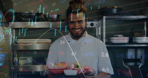Chef in kitchen with financial data overlay reflecting entrepreneurship