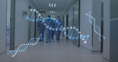 Surgeons Walking Through Hospital With Digital DNA Overlay