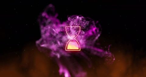 Glowing hourglass in cosmic particle cloud with neon luminosity