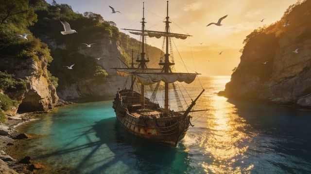 Weathered three-masted galleon sailing into turquoise cove with sunlit cliffs and seagulls