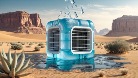 Futuristic cooling unit melting in desert landscape