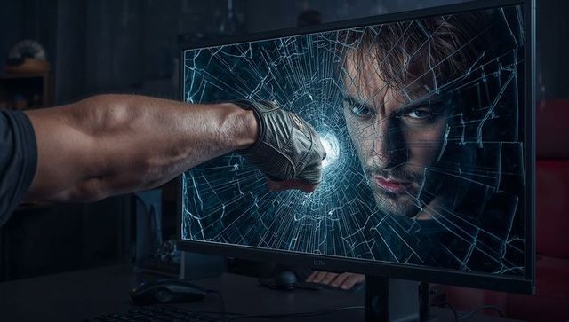 Gloved fist shattering monitor revealing intense man behind cracked screen cinematic