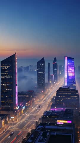 Dawn city boulevard with headlights weaving and LED towers pulsing through fog — vertical video