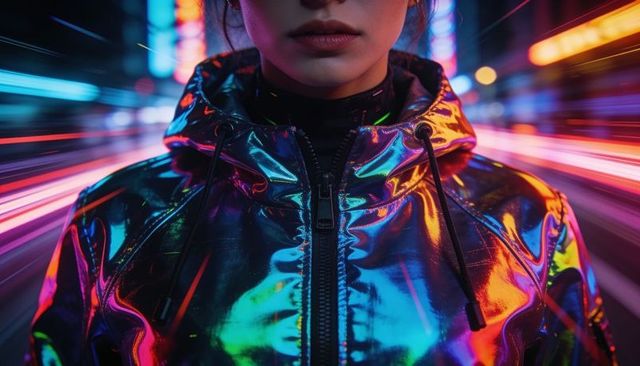 Futuristic holographic jacket reflecting neon city lights, iridescent urban street style