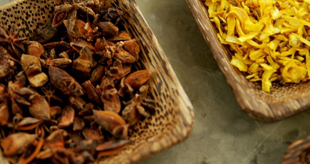 Close-up of Dried Herbs and Spices in Wooden Bowls - Download Free Stock Images Pikwizard.com