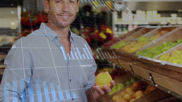 Ideal for business presentations, articles on technology in retail, or economic analysis. Conceptually integrates data processing with everyday grocery shopping to imply the use of advanced data analytics for improving retail businesses and customer experiences.