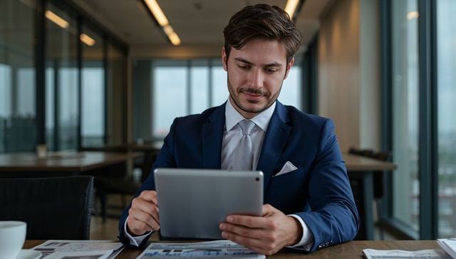 Corporate executive reviewing tablet in glass boardroom wearing navy suit and tie