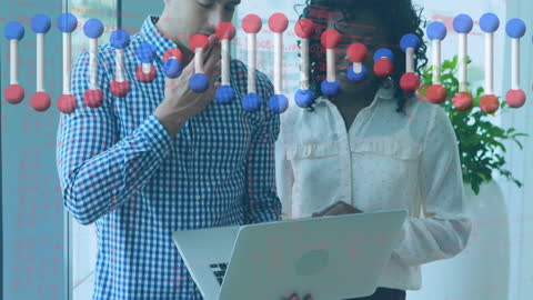 This artwork showcases a DNA strand animation overlaying two professionals engaged in discussion with a laptop in an office environment. It symbolizes the synergy between medical research, technology, and business innovation. Ideal for illustrating biotechnology advancements, healthcare collaborations, and concepts in genetic research or business tech consulting.