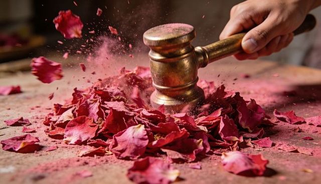Brass mallet crushing red rose petals creating dramatic pink powder explosion