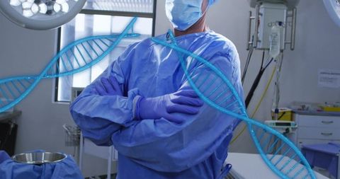Surgeon standing in operating room wearing sterile gown and gloves with dna helix overlay