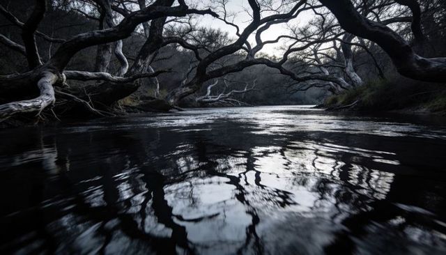 Flowing twilight river gorge with gnarled trees arching over reflective water, moody woodland