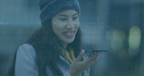 Businesswoman Using Smartphone with Digital Data Overlay in Urban Environment