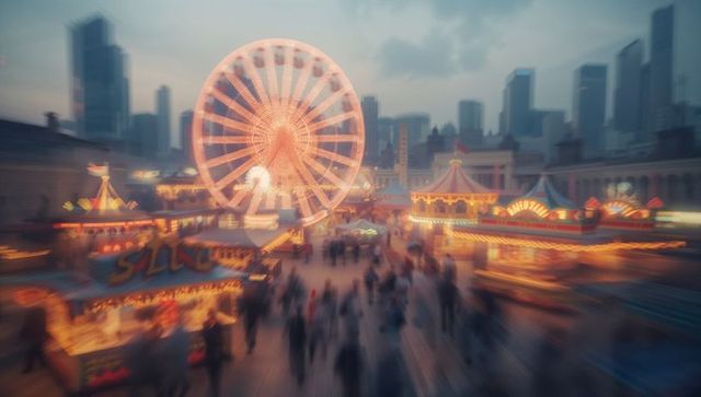 Vibrant urban night carnival with ferris wheel and festive lights