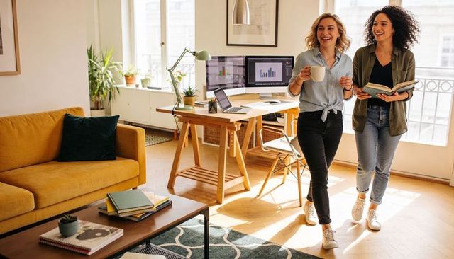 Young female colleagues walking in sunlit home office with coffee and laptop on desk