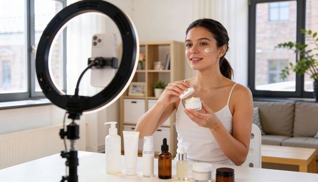 Skincare influencer filming morning routine with ring light and natural daylight at home