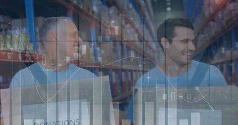 Happy Warehouse Workers with Financial Graph Overlays