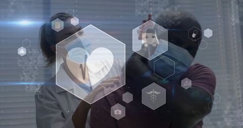 Nurse administering covid-19 vaccine to masked patient with medical hex ui overlay