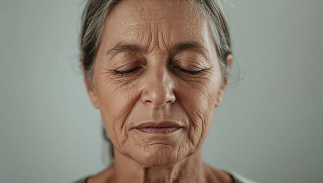 Serene senior woman with closed eyes and natural facial wrinkles headshot for wellness