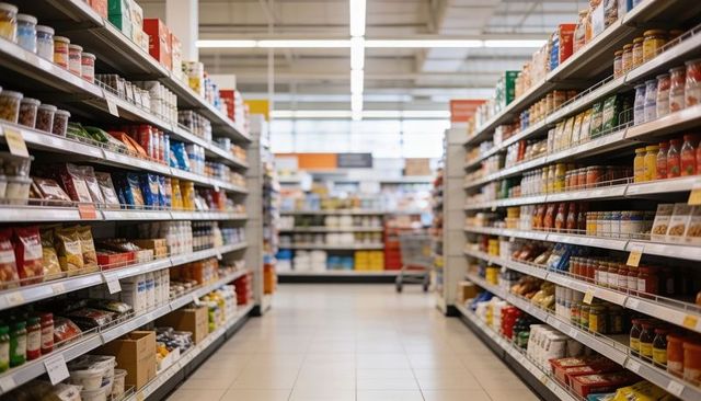 Supermarket aisle leading toward distant signage with stocked shelves and cart