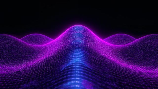 Neon grid mesh undulating in virtual black void